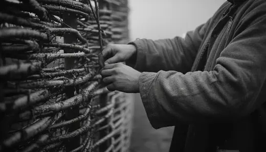 Hands weaving a wattle wall, close up