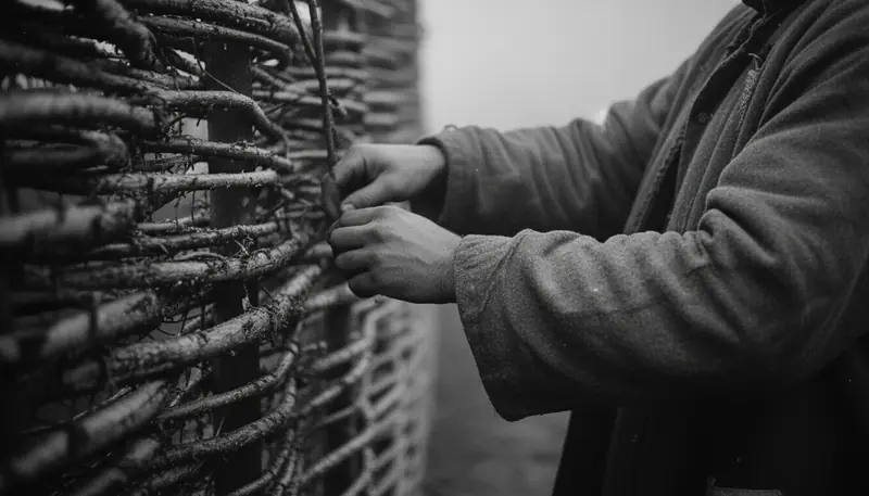 Hands weaving a wattle wall, close up
