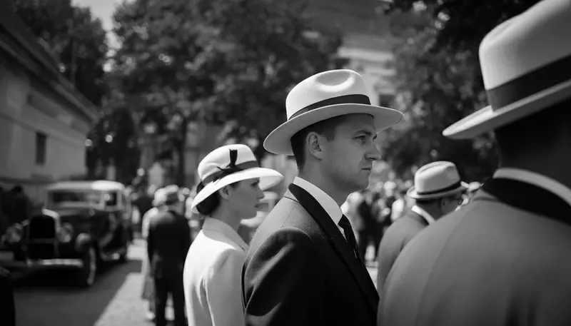 A man and a woman in white hats in a sunlit crowd