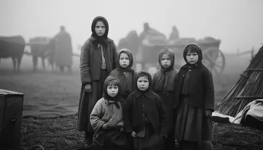 A woman and five girls in headscarves before carts in the fog