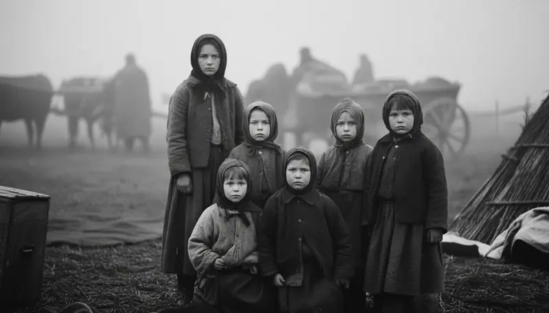 A woman and five girls in headscarves before carts in the fog