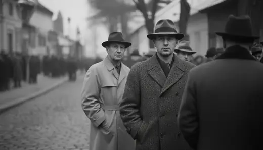 Two men in hats and coats on a cobbled street