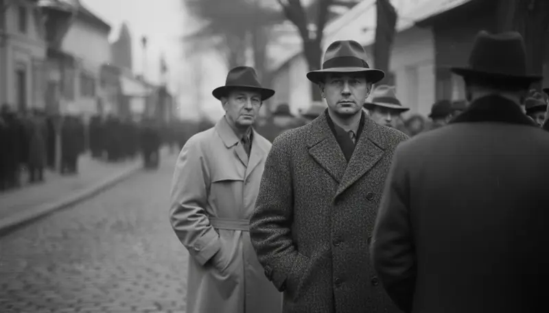Two men in hats and coats on a cobbled street