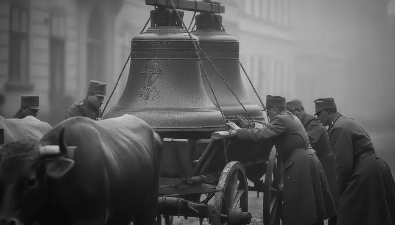 Soldiers loading two bells onto an ox cart