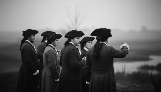 Men in tricorn hats and long coats looking across the marsh