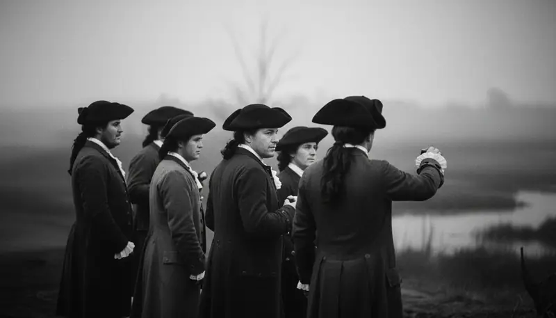 Men in tricorn hats and long coats looking across the marsh