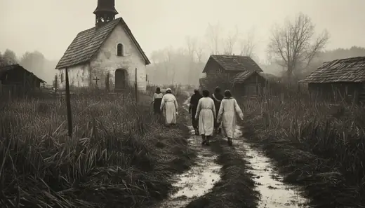 Women walking a muddy path toward a small chapel