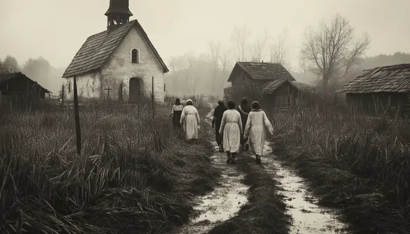 Women walking a muddy path toward a small chapel