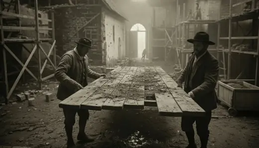 Two men carrying a plank table through a ruined interior