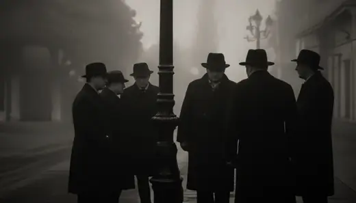 Men in dark coats and hats gathered at a lamp post in the fog