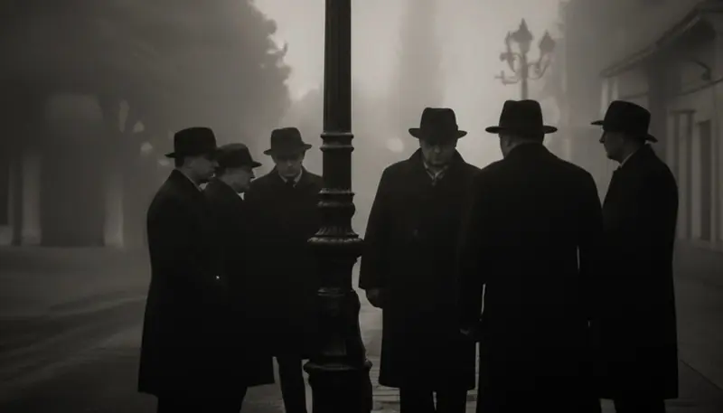 Men in dark coats and hats gathered at a lamp post in the fog