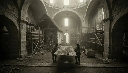 Two men carrying a table inside the church under repair