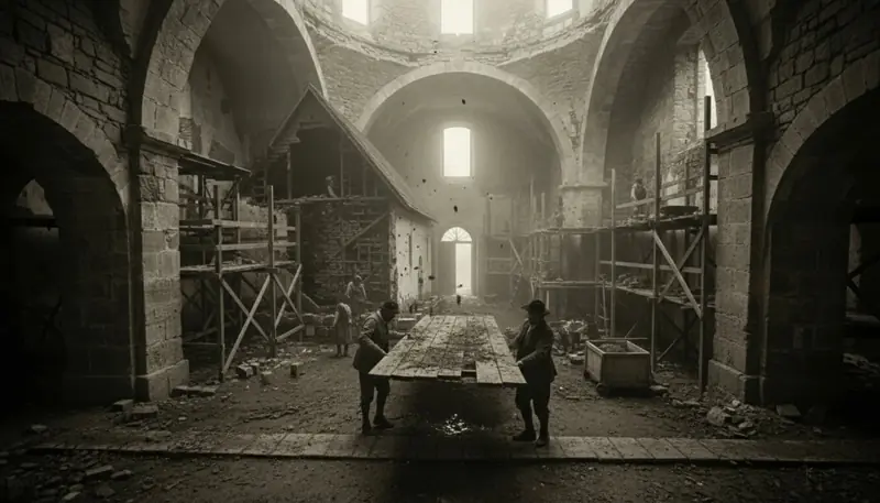 Two men carrying a table inside the church under repair