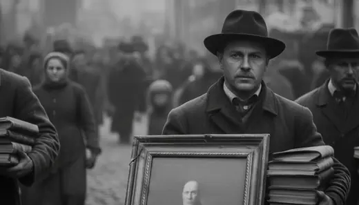 A man carrying a framed portrait and books through a crowd