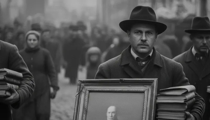A man carrying a framed portrait and books through a crowd