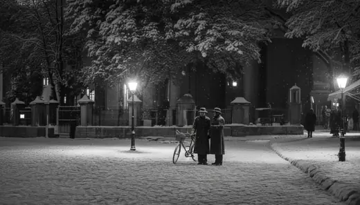 Two people with a bicycle in the snow at night by the church fence