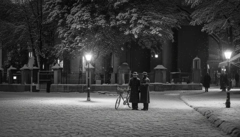 Two people with a bicycle in the snow at night by the church fence