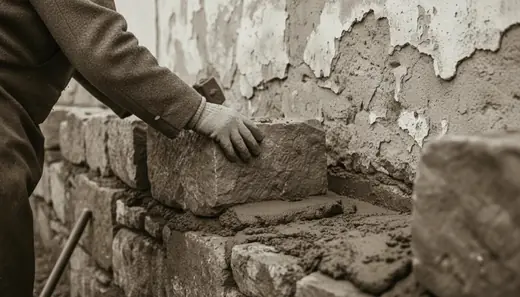 A gloved hand setting a stone into mortar on an old wall