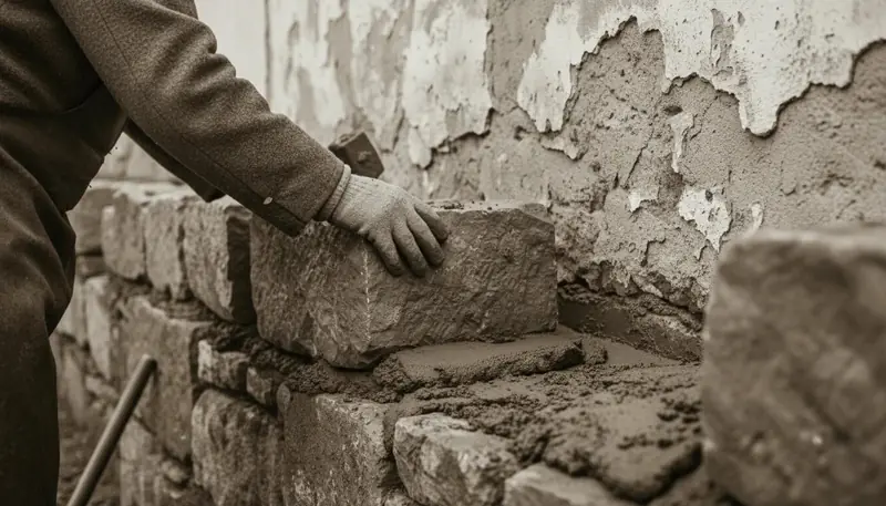 A gloved hand setting a stone into mortar on an old wall