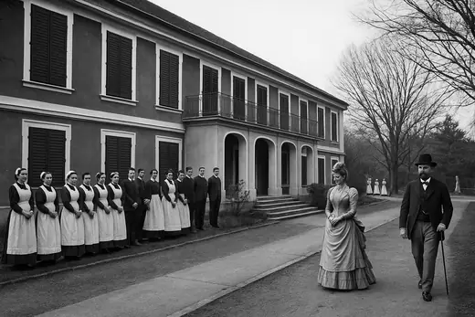 The Marczibányi-Karátsonyi Castle: Servants lined up as the owners walk to the castle