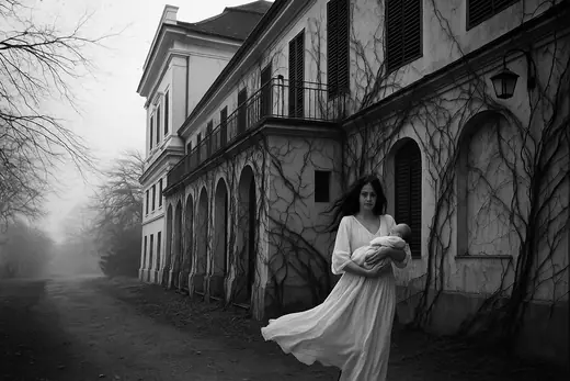 The Marczibányi-Karátsonyi Castle: A woman in white holding a baby by the ivy-covered wall