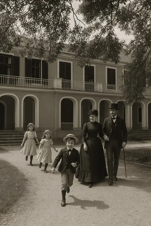 The Marczibányi-Karátsonyi Castle: A family walking out of the castle gardens