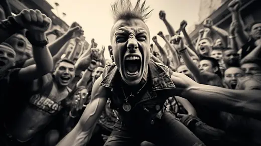 The NeutronField x Still Bleeding Collaboration: AI-generated still: punk singer screaming in a crowd