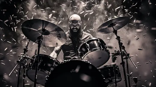 The NeutronField x Still Bleeding Collaboration: AI-generated still: drummer mid-performance