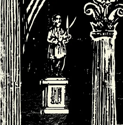 Detail: a statue on a plinth between two columns
