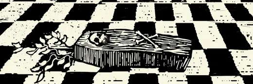 Detail: a coffin and an acacia branch on the checkered floor