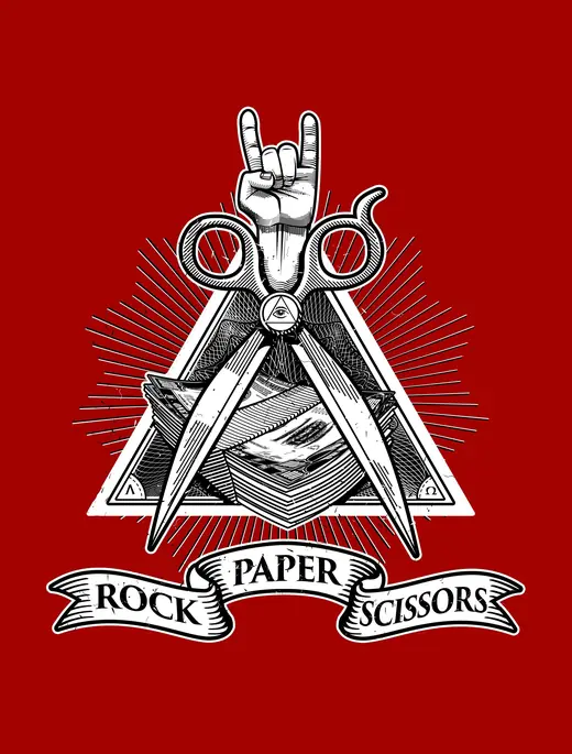 ToySkull: Rock Paper Scissors, masonic-style emblem on red