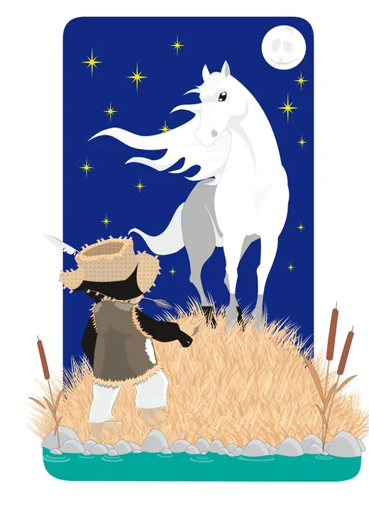 Trešnja u cvetu: White knight: boy and white horse under a night sky