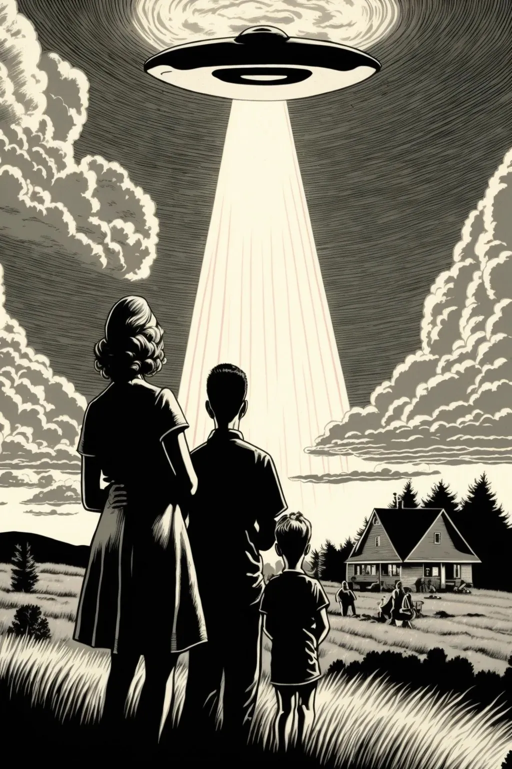 Illustration: a family in a field watches a flying saucer shine a beam of light over a farmhouse