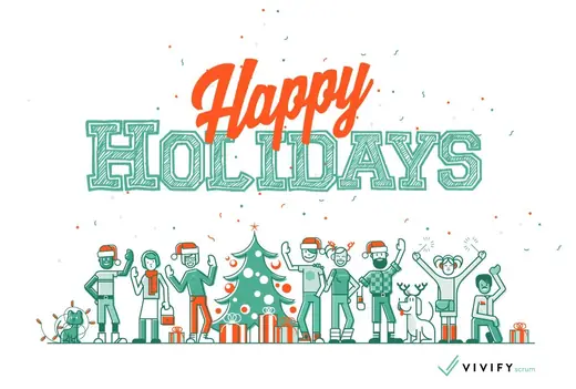 VivifyScrum: Happy Holidays card with the team characters