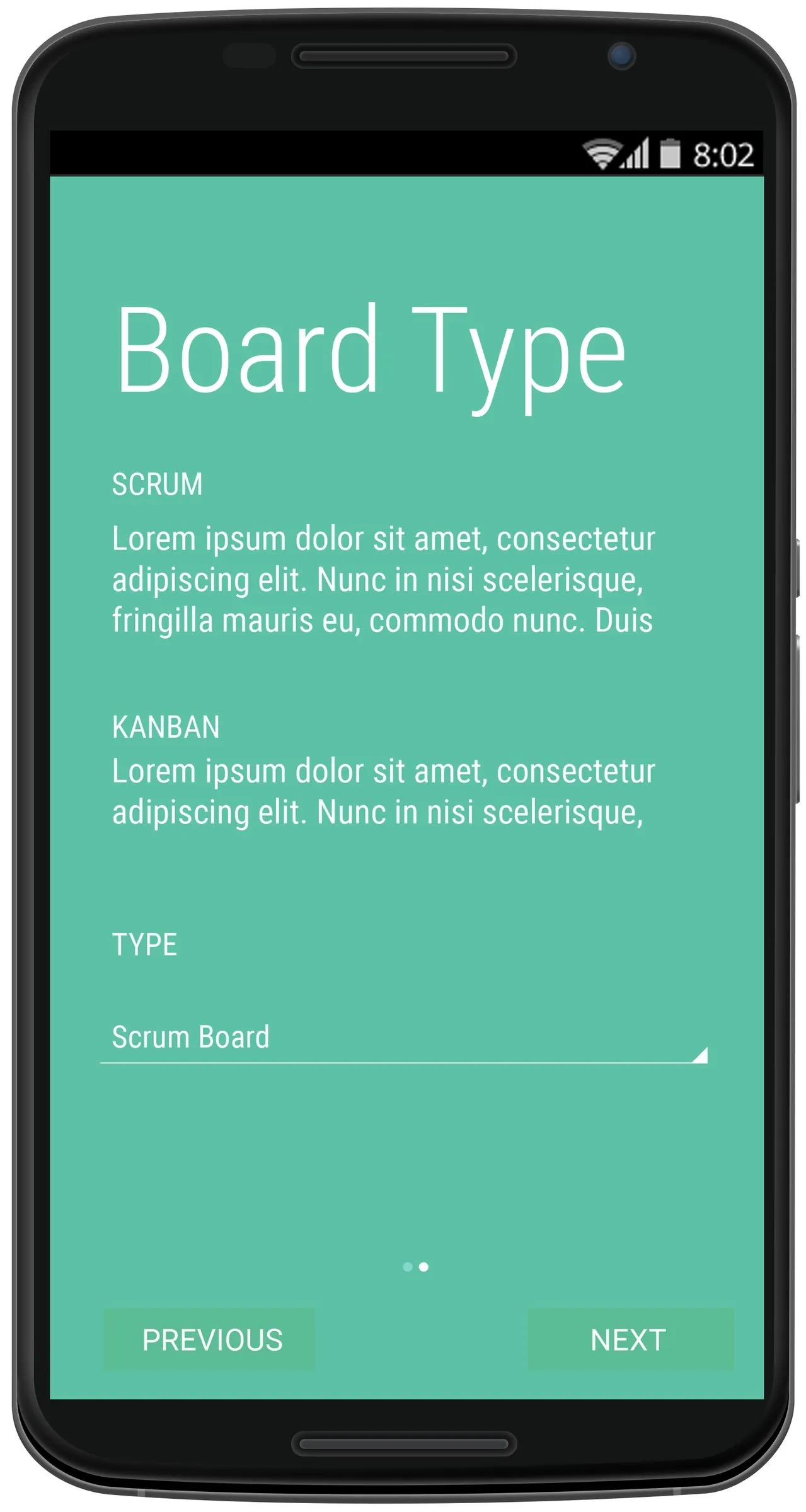 VivifyScrum iOS: Android app: board type step of the new board wizard