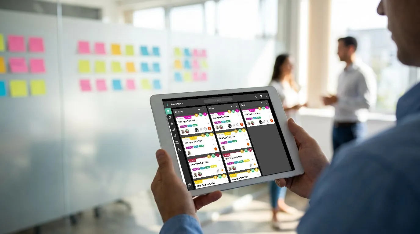 VivifyScrum iOS: the iPad app's backlog board, full screen on a tablet held in two hands at a team stand-up, a glass wall of sticky notes and two colleagues blurred behind
