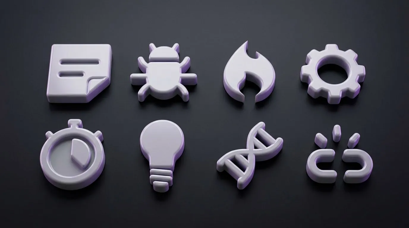 VivifyScrum iOS: the eight icons of the VivifyScrum icon set (note, bug, flame, gear, stopwatch, light bulb, DNA helix, broken link) as glossy 3D objects in two rows on a dark charcoal surface