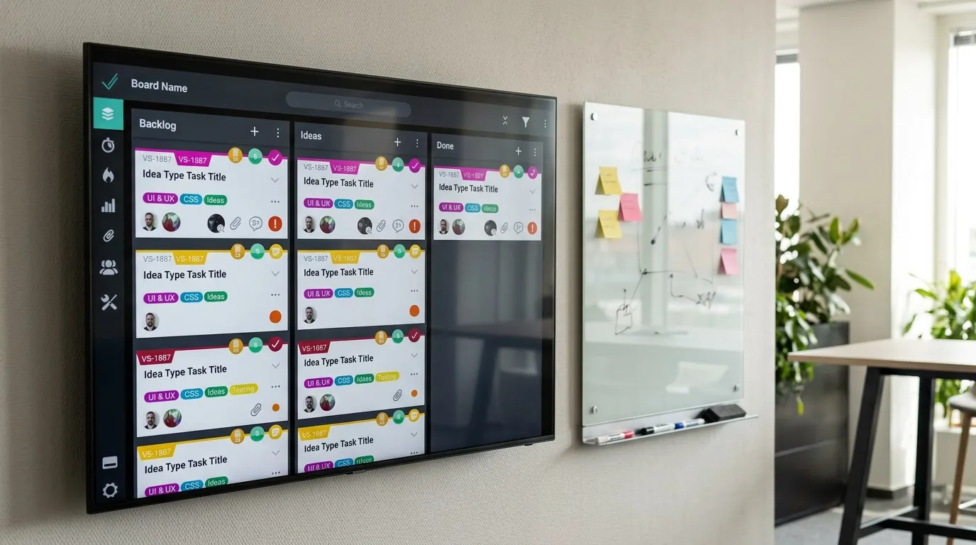 VivifyScrum iOS: the backlog board filling a wall-mounted TV in a team corner beside a glass board with sticky notes