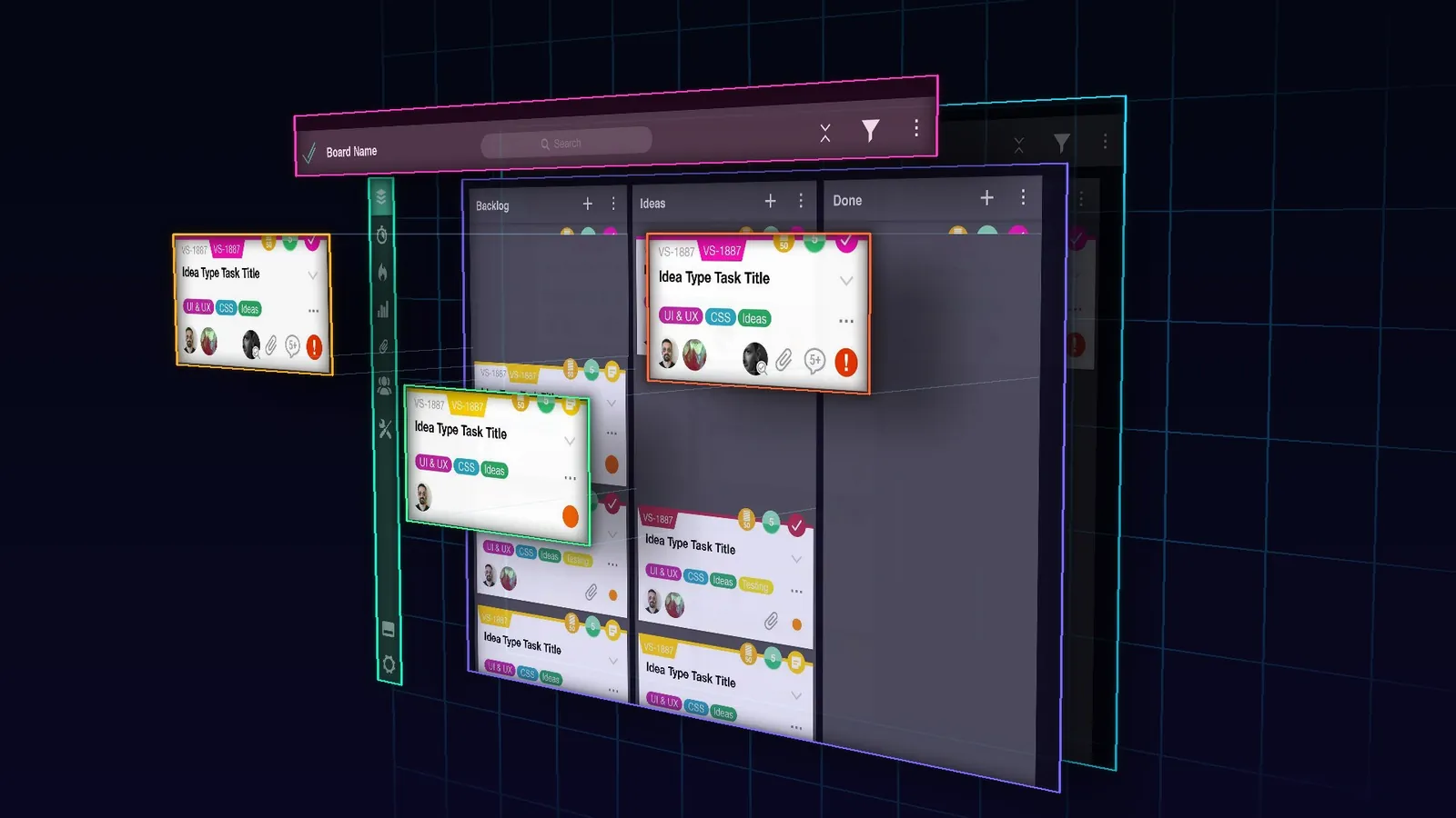 VivifyScrum iOS: the iPad backlog board exploded into floating glass layers along the depth axis, with the side rail, the three columns, the top bar and three lifted cards, in a dark neon grid world