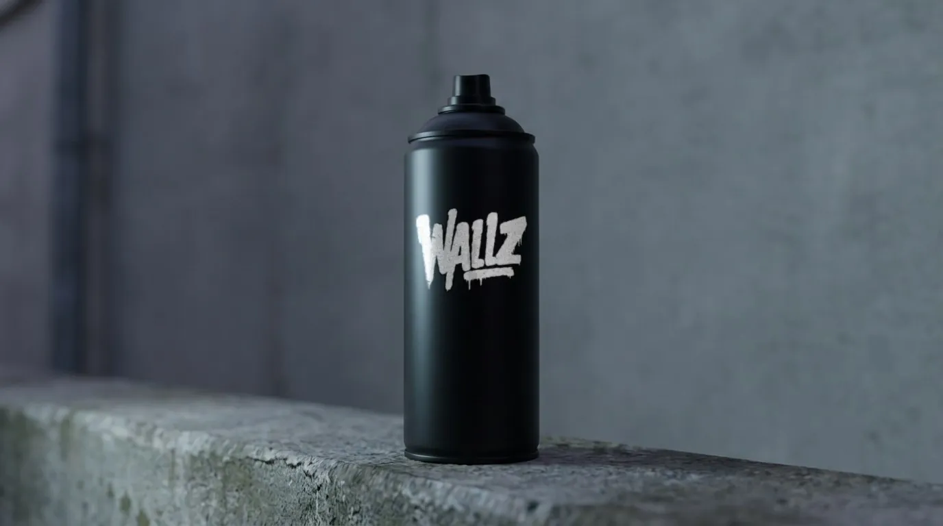 Wallz: the white drip-lettering Wallz logo on a matte black spray paint can on a concrete ledge