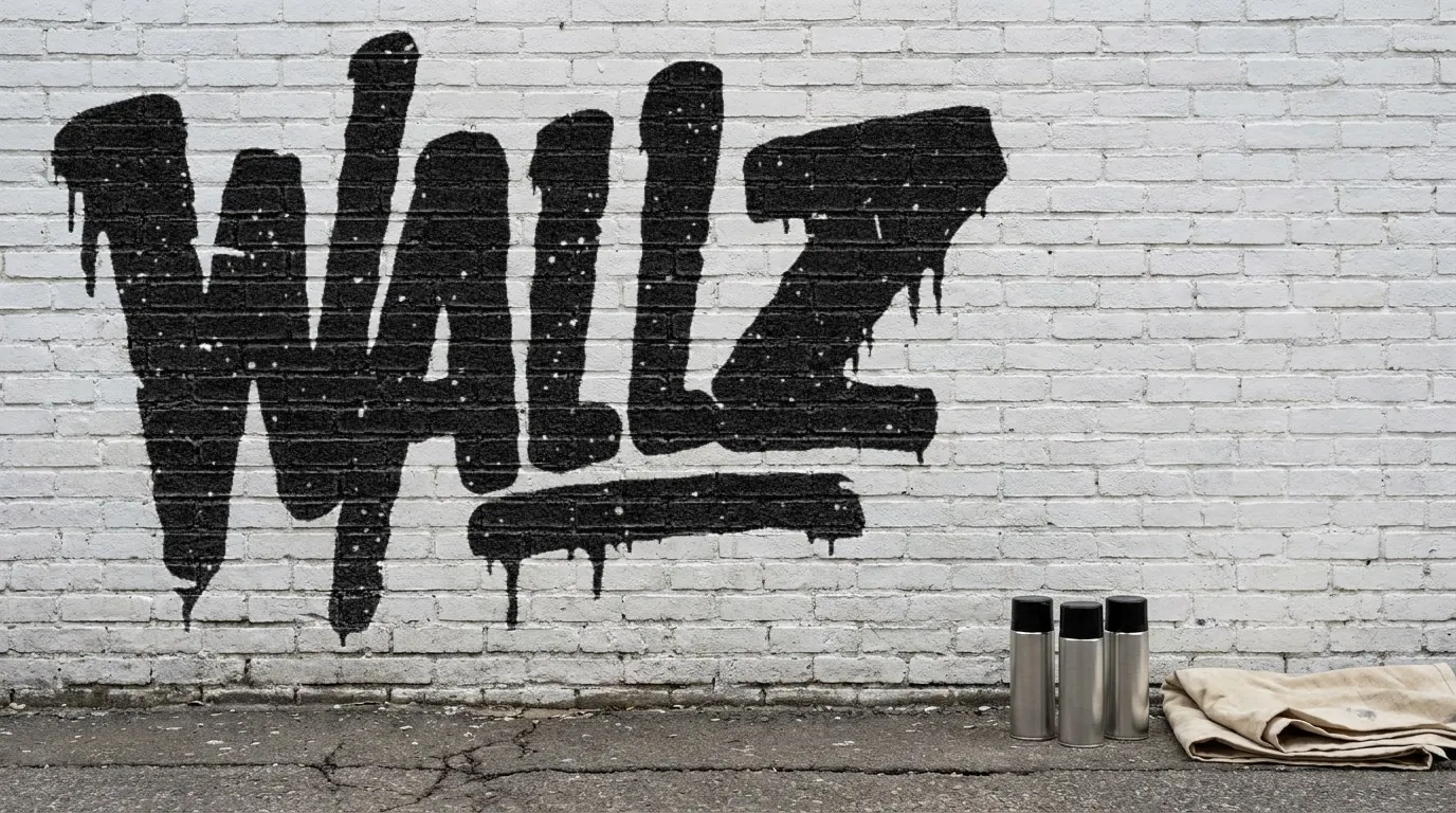 Wallz: the black drip-lettering Wallz logo spray painted large across a whitewashed brick wall in an alley, the mortar lines showing through the paint, three spray cans and a drop cloth at its foot