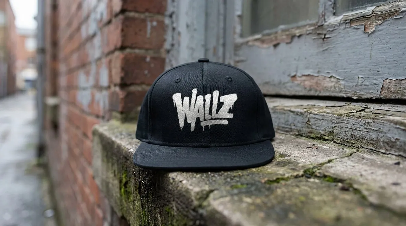 Wallz: the white drip-lettering Wallz logo printed across the front of a black flat-brim cap resting on a mossy concrete window ledge in a brick alley
