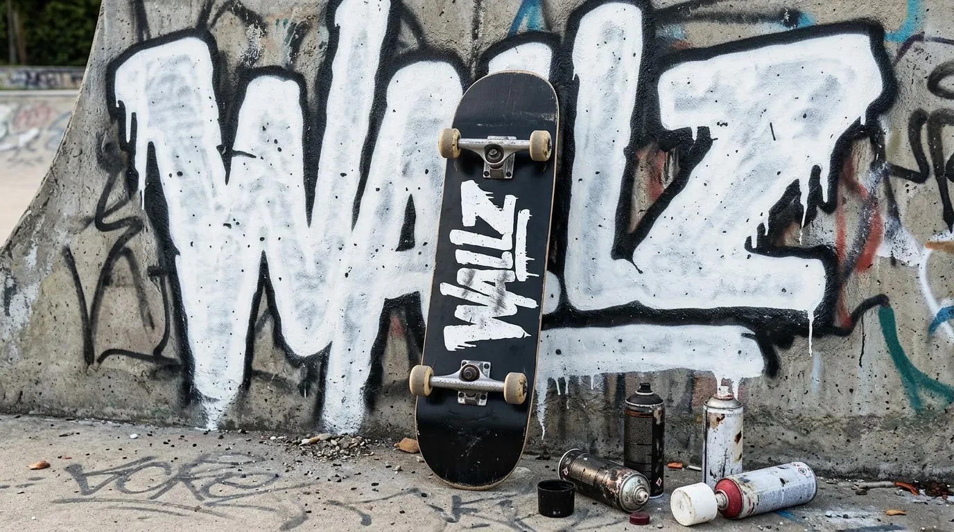 Wallz: a black skateboard with the white WALLZ drip-lettering standing on its tail in a skatepark, spray cans on the ground and a huge WALLZ drip-lettering painting behind