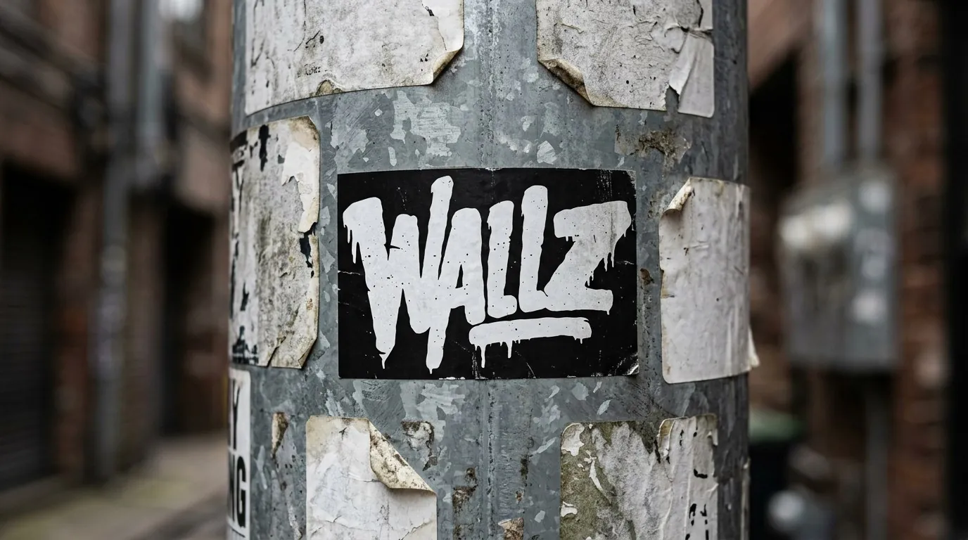 Wallz: the white Wallz drip-lettering logo on a black sticker on a street lamp pole covered with worn blank stickers