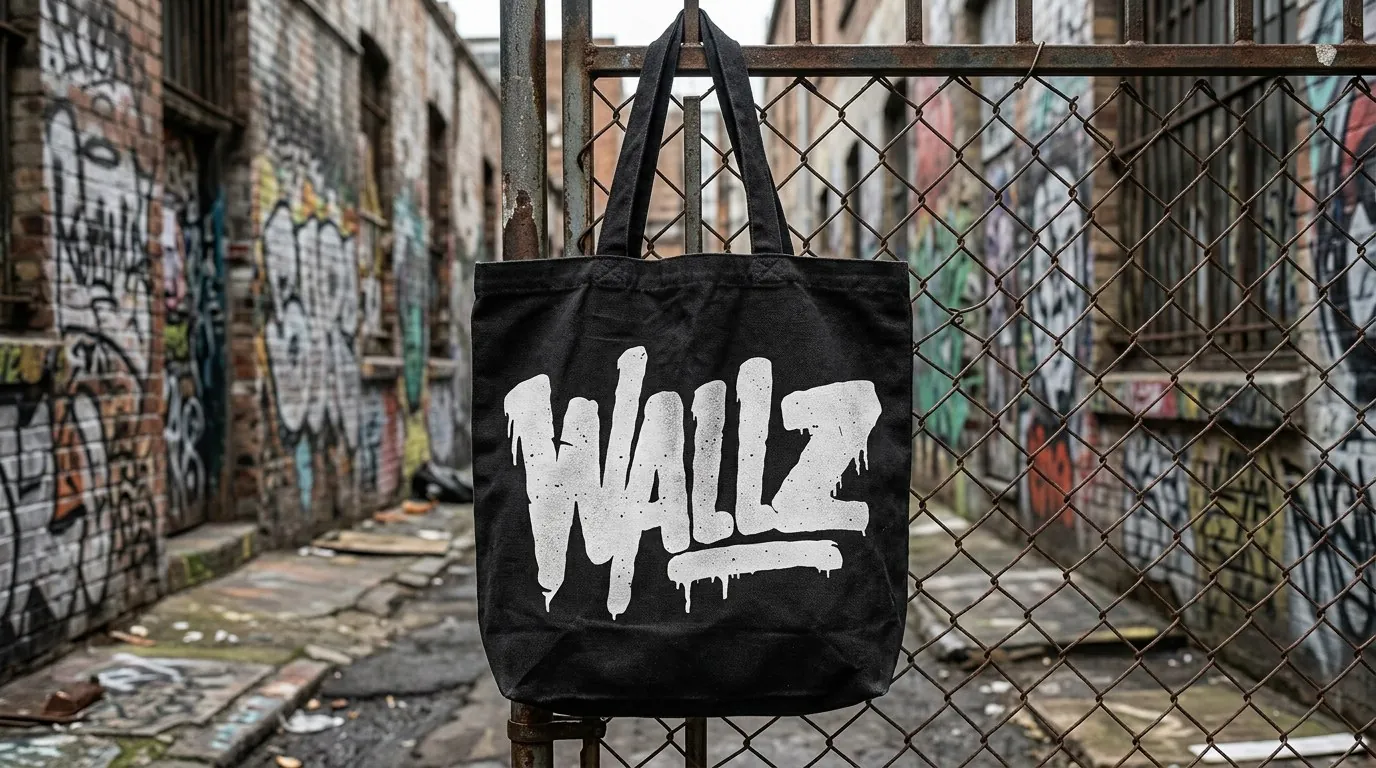 Wallz: the white drip-lettering Wallz logo screen printed on a black canvas tote hanging from a fence in a graffiti alley