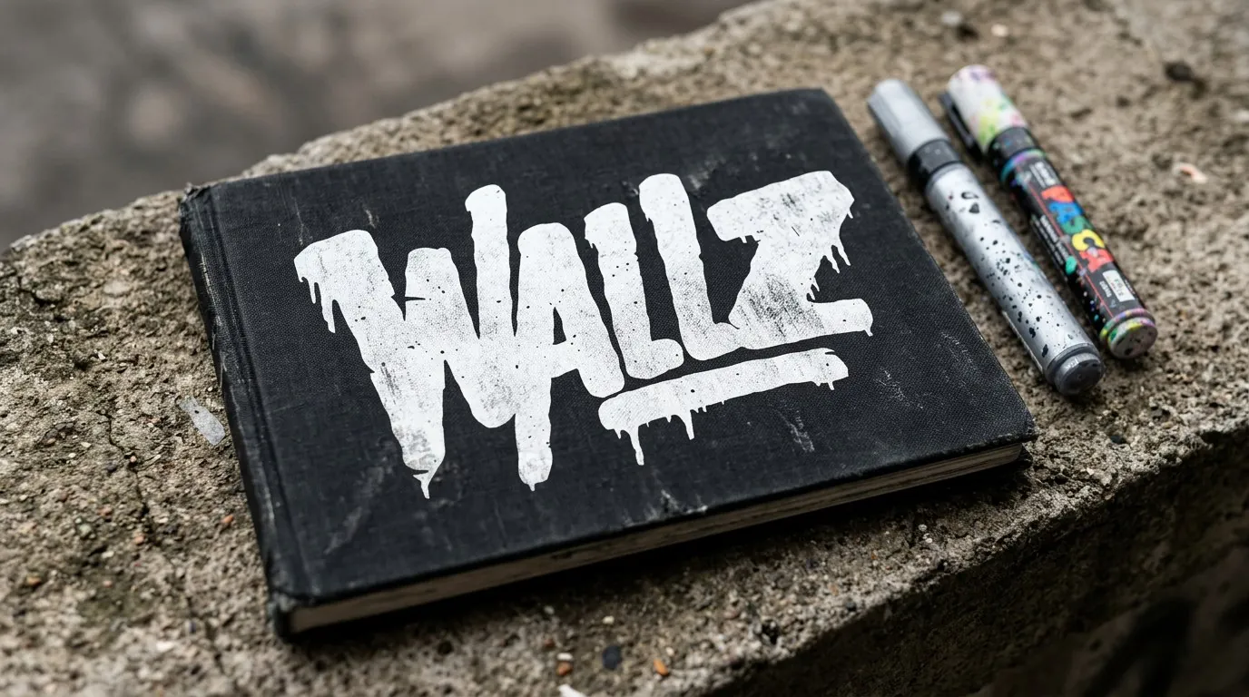 Wallz: the white Wallz drip-lettering logo on the cover of a black graffiti sketchbook on a concrete ledge beside two paint markers