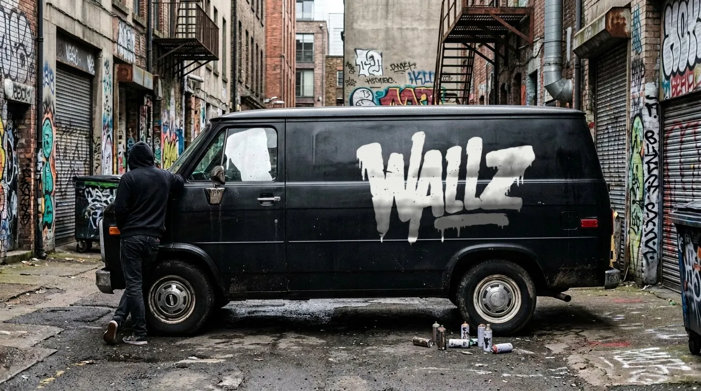 Wallz: the white Wallz drip-lettering logo painted large across the side of a black panel van parked in a graffiti-covered alley, spray cans on the ground and a person in a hoodie beside it for scale