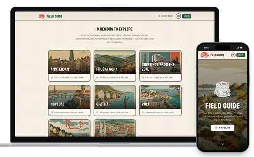Field Guide on a laptop and a phone: the laptop shows the eight regions as illustrated poster cards with the number of places in each, and the phone shows the landing screen with the backpack emblem and the Explore button
