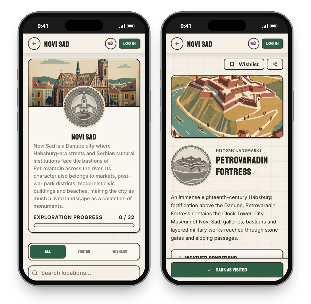 Two phones: the Novi Sad region with its illustration, round master badge, description and a progress bar at 0 of 32; and the Petrovaradin Fortress page with its illustration, badge, category and description above the Mark as Visited button