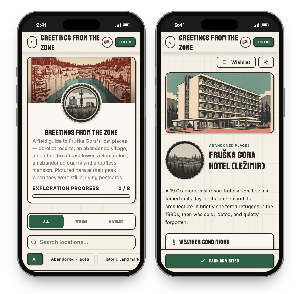 Two phones: the Greetings from the Zone region with an illustration of a quarry lake and a badge showing a hotel and a broadcast tower; and the page of the Fruška Gora Hotel in Ležimir, a 1970s modernist resort hotel, filed under abandoned places
